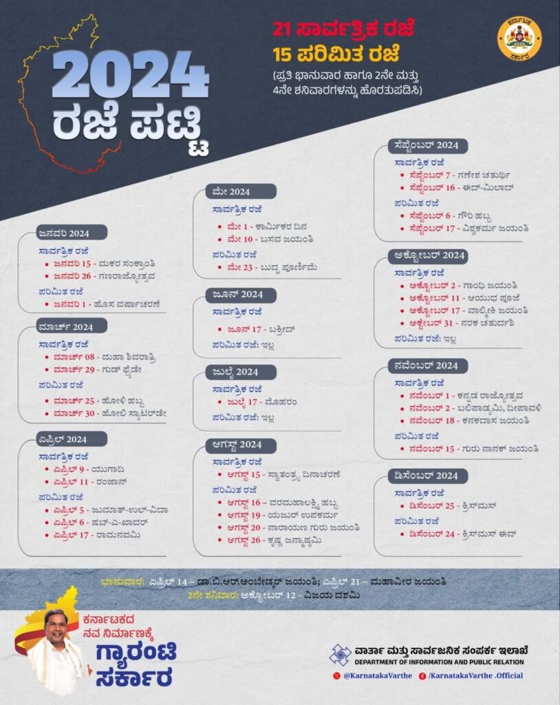 Karnataka Government holiday list 2024 MAHITI KANAJA